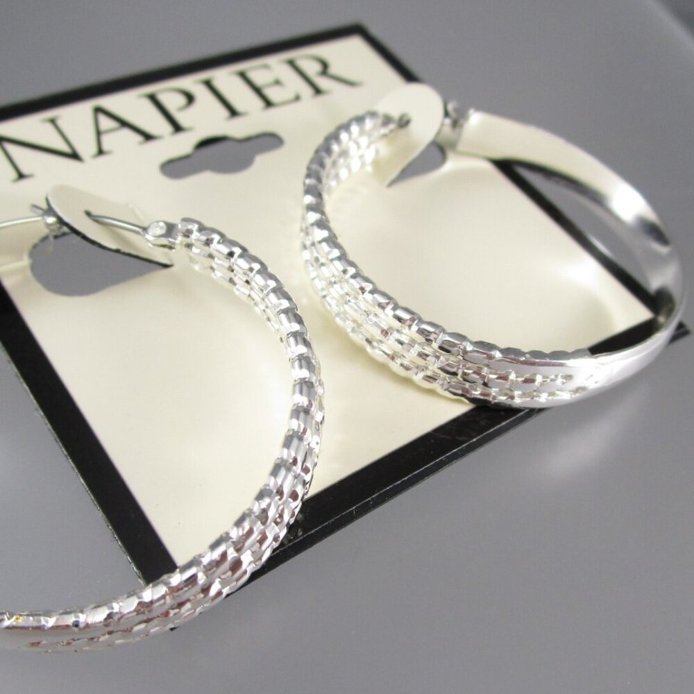 NAPIER Rocker Chic Silver Textured & Smooth 1.45" Hoop Earrings**NEW!